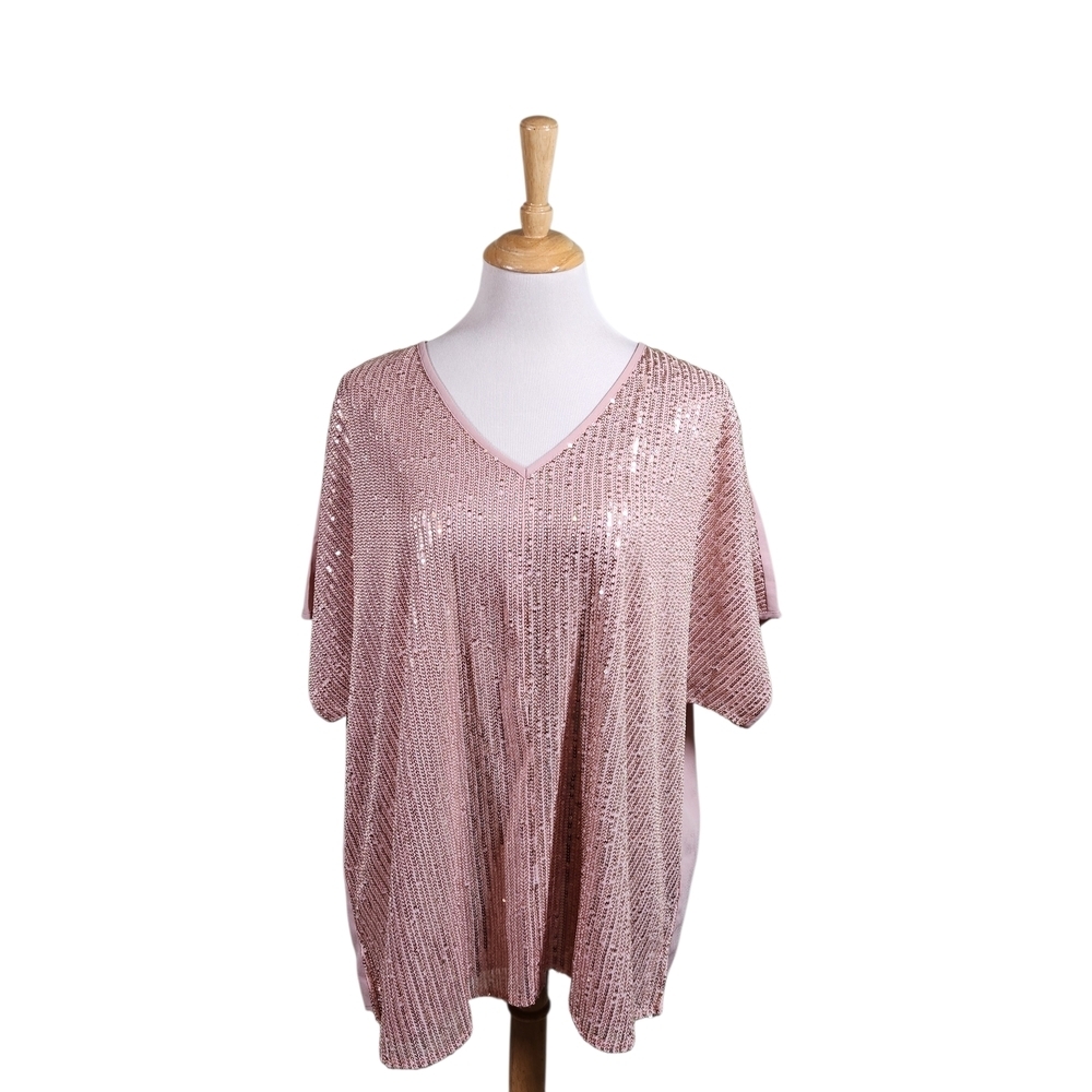 NWT Savanna Jane Sequin  Light Pink V Neck Boho Top Blouse Size 3X Lined Shimmer